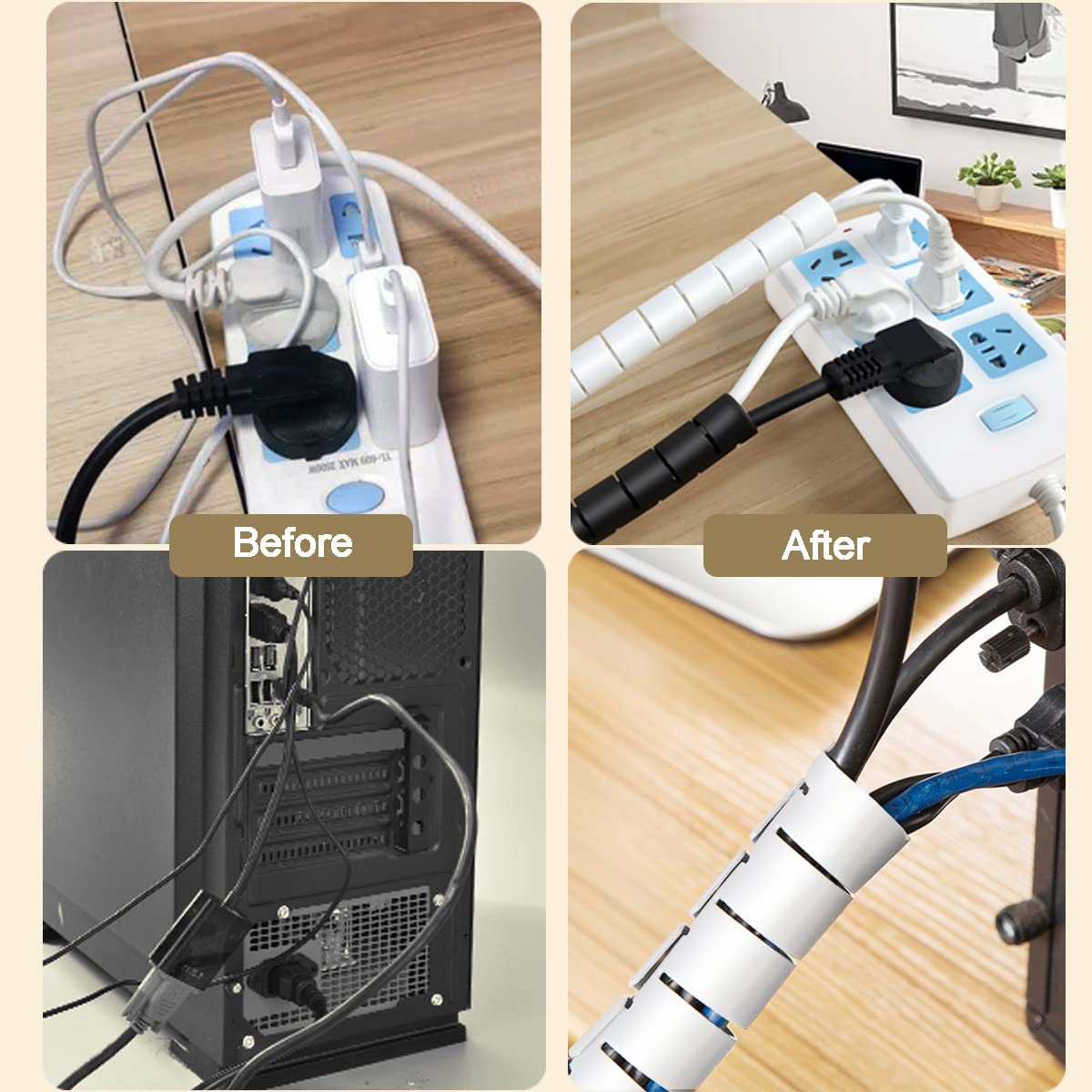 Fanoshon White Cable Management Sleeves 2 PCS Cord Protectors for USB Cable Power Audio Video Wire Cables - Protect Cats Dogs Pets from Chewing Cords