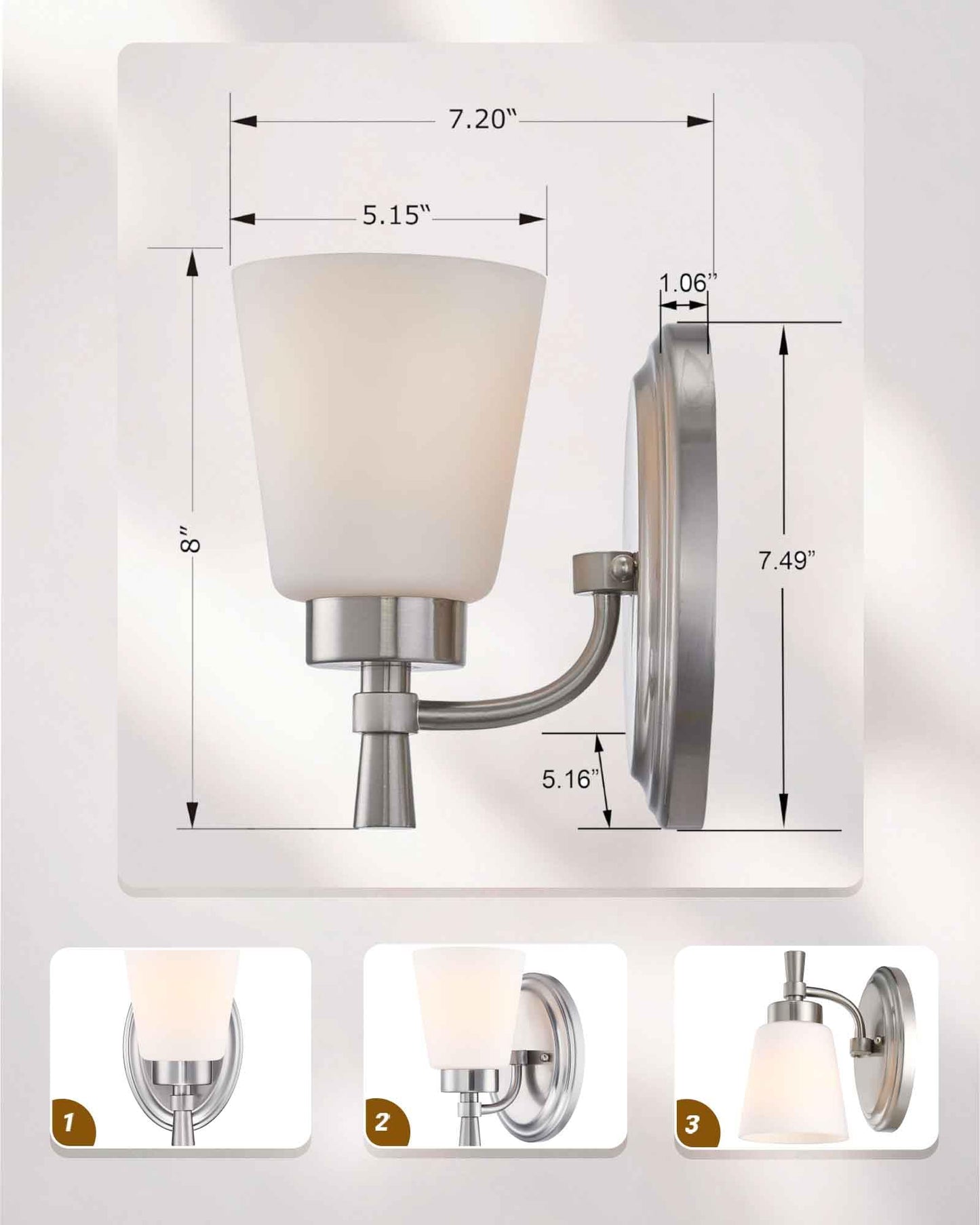 GRUENLICH Wall Sconces for Bathroom, Brushed Nickel Vanity Light Fixture Over Mirror, Single Hardwired Sconce with Frosted Glass Shades for Bedroom