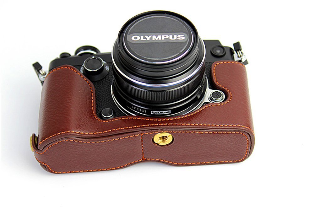 PEN-F Case, BolinUS Handmade Genuine Real Leather Half Camera Case Bag Cover for Olympus PEN-F Bottom Opening Version + Hand Strap - Coffee
