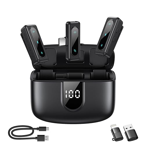 Wireless Lavalier Microphone for iPhone, Android & Laptops, Noise Cancellation, Auto Pairing, 24H Battery Life with Charging Case, USB C Mini