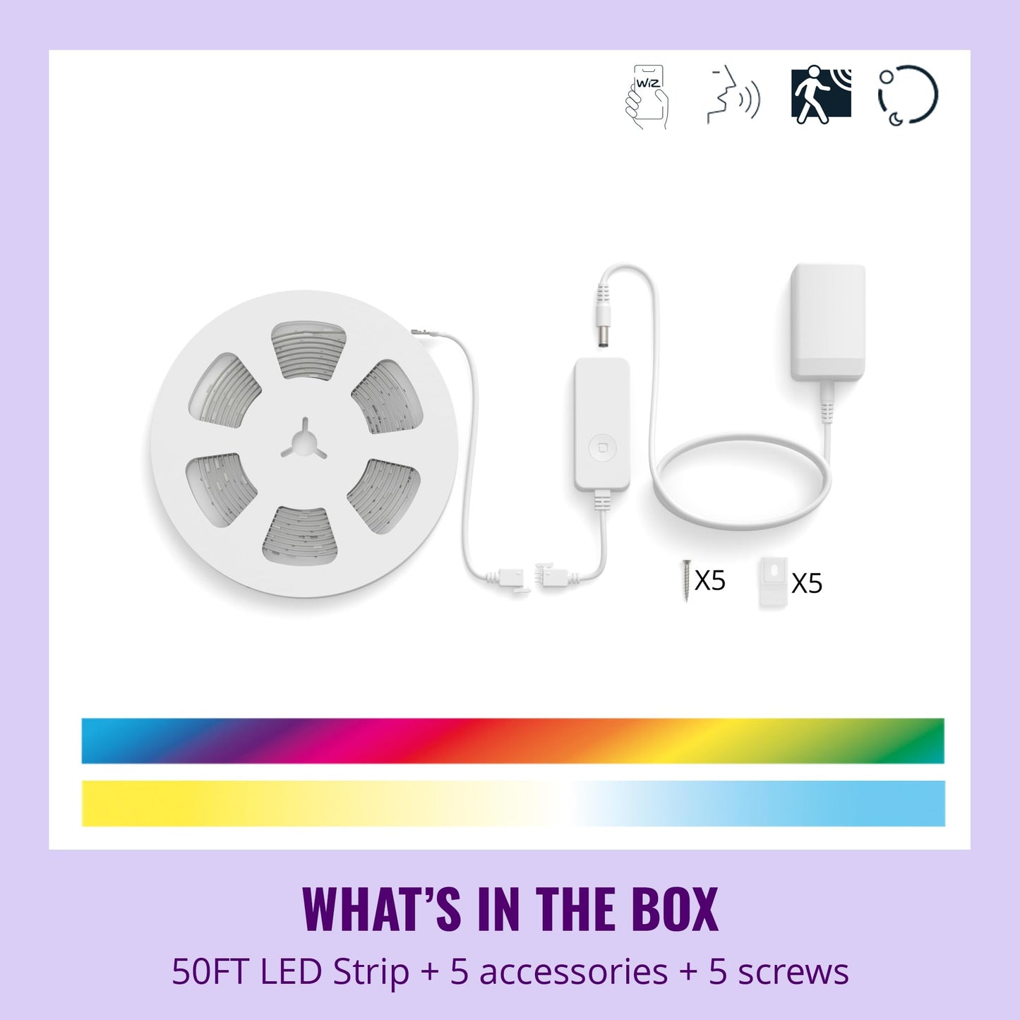 WiZ Connected Smart Light Strip, Sunset/Sunrise Automation, Preset Modes, Control with Voice or App, Full Color RGB Lighting, Voice Control, 50ft Cut