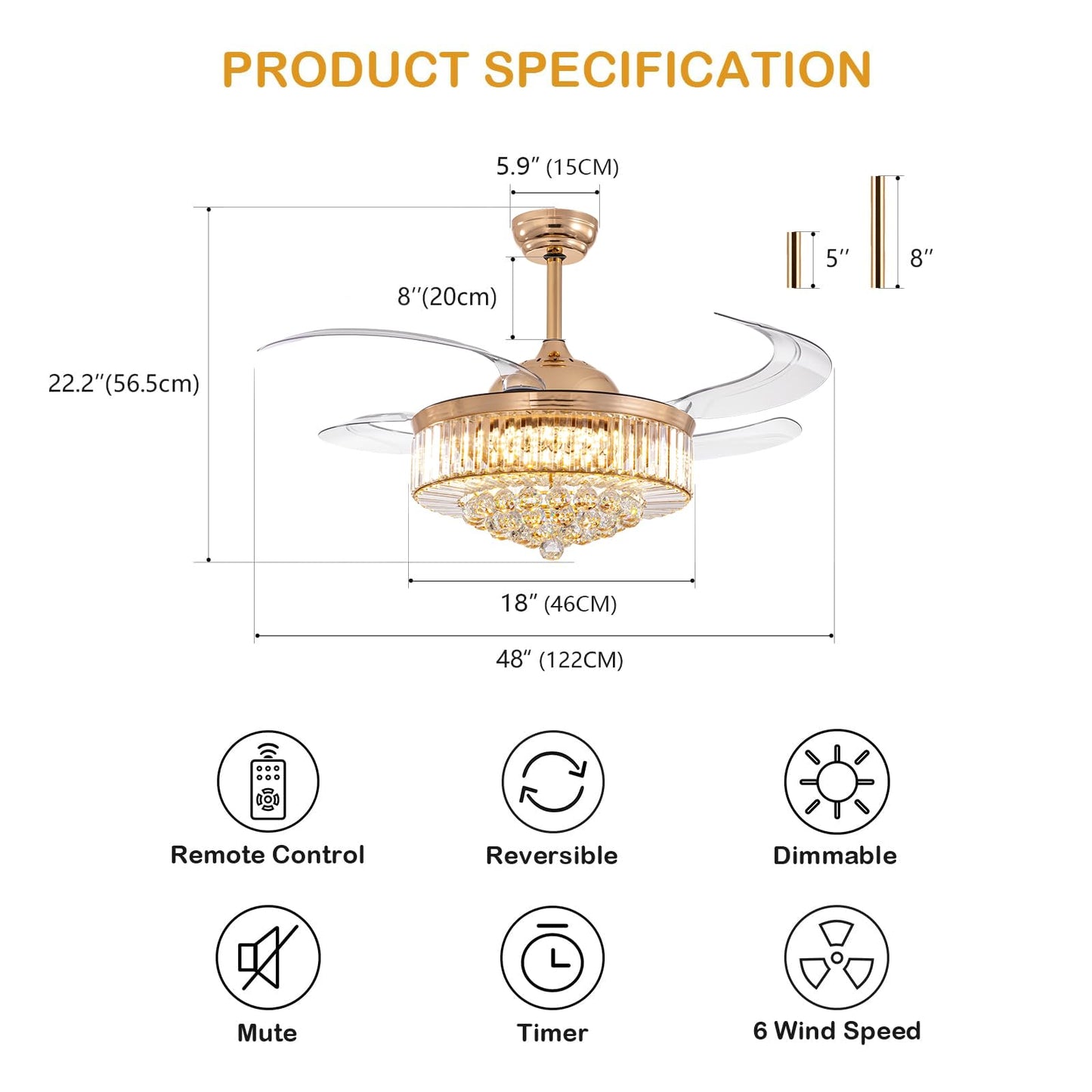 MOOONICHE 48 Inch Crystal Ceiling Fan with Light and Remote Modern Dimmable Fandelier Invisible Retractable Chandelier Fan Gold for Bedroom Living