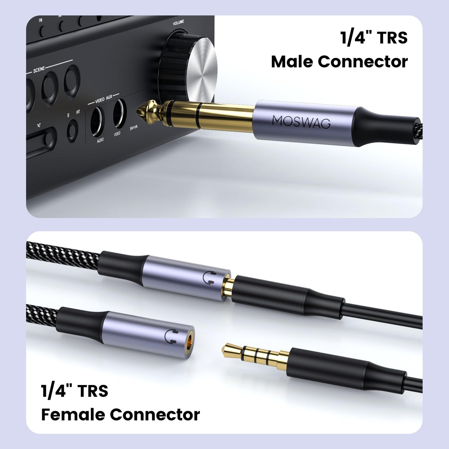 MOSWAG 1/4 inch TRS to Dual 1/8 Female Y Cable, 6.35mm to Dual 3.5mm Female Y Splitter Cable, 1/4 Inch to Dual 1/8 Inch Headphone Adapter Compatible