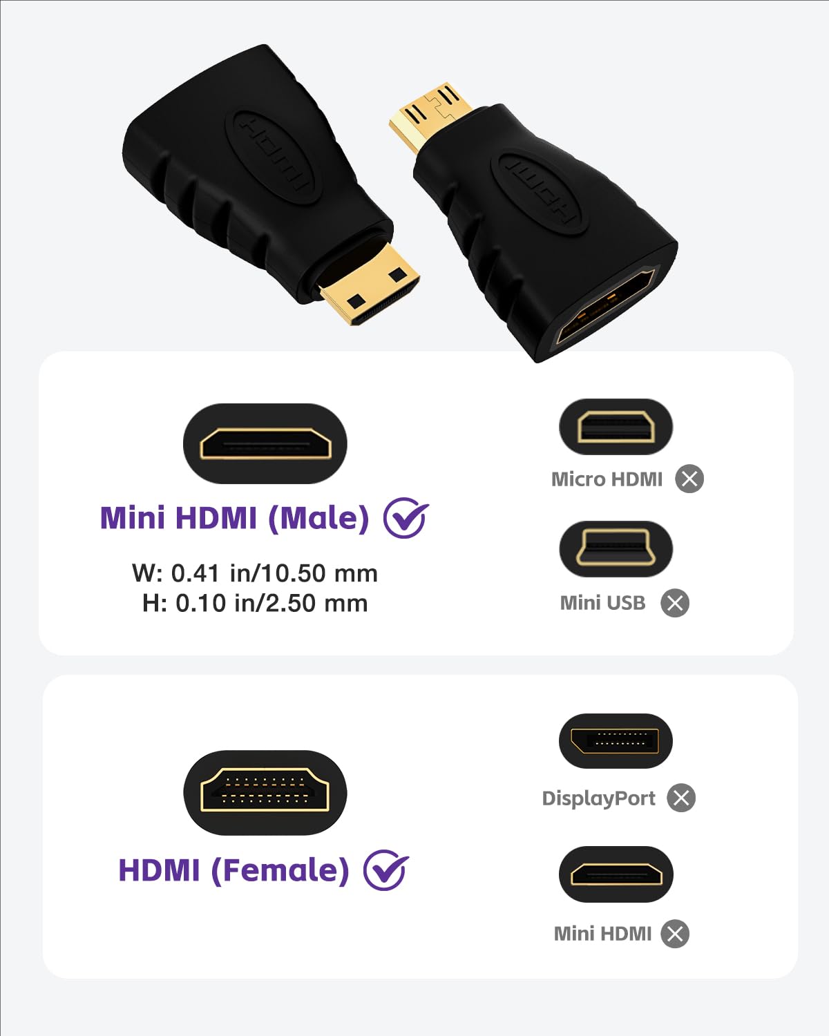 VCE HDMI Adapter 2-Pack, Mini HDMI to HDMI, 4K Support, Gold Plated, Compatible with Raspberry Pi, Camera, Camcorder, DSLR, Tablet, Video Card