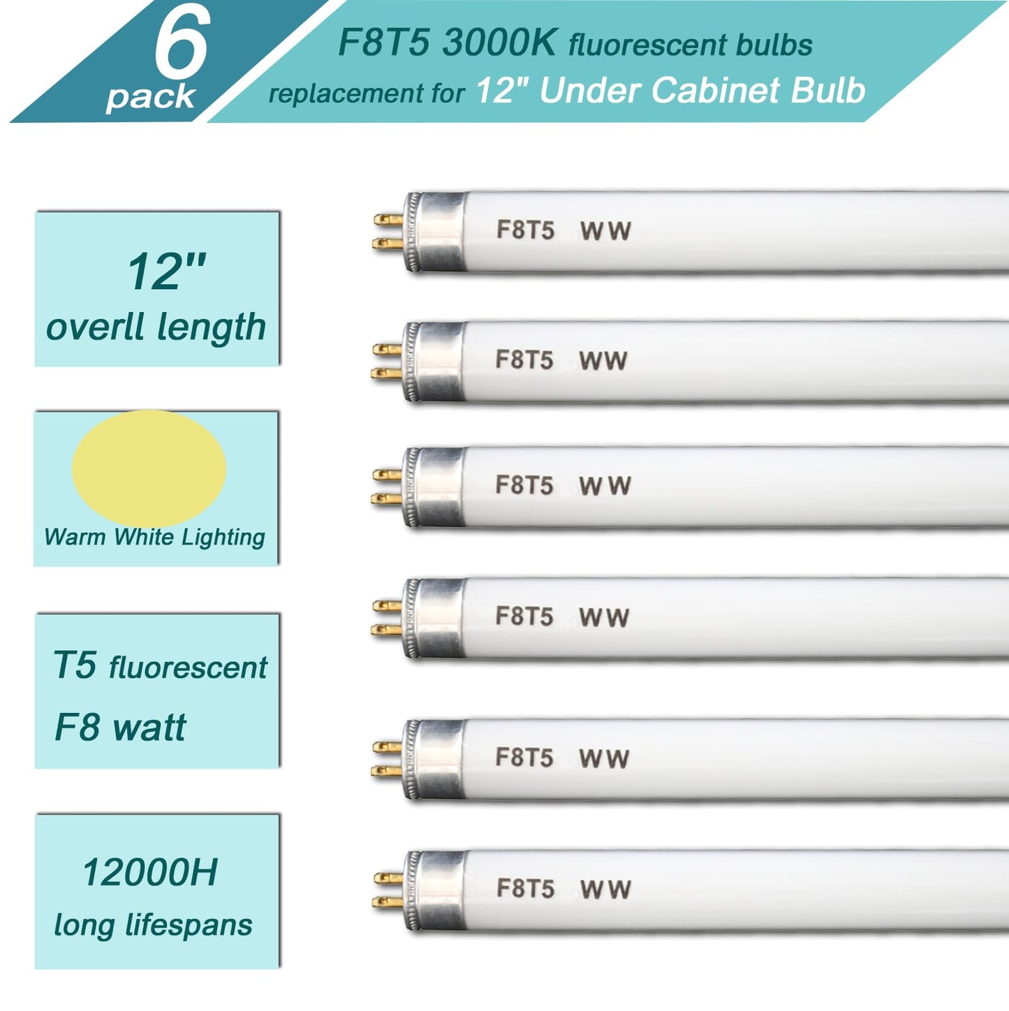 Accway (6 Pack) F8T5/WW 12’’ Linear Fluorescent Light Bulb, 8W Warm White T5 Tube, 3000K Soft White Lamp, G5 mini Bi Pins Base Replacement for Under