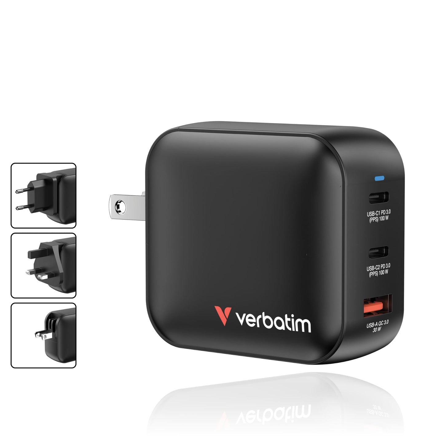 Verbatim Mini GaN Wall Charger 100W 3 Port 2X USB-C Ports PD 3.0 (PPS) up to 100W 1x USB-A Port QC 3.0 up to 30W
