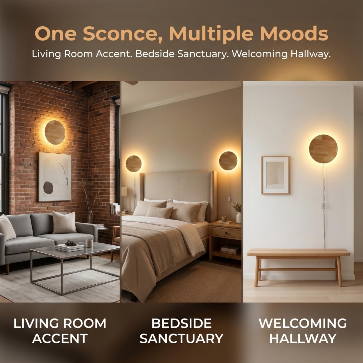Modern Minimalist Plug-in LED Wall Sconce, 11.8'' Round Solid Wood Backlit Wall Lamp, Plug-in/Hardwired Option Wall Light Fixture for Bedroom, Living
