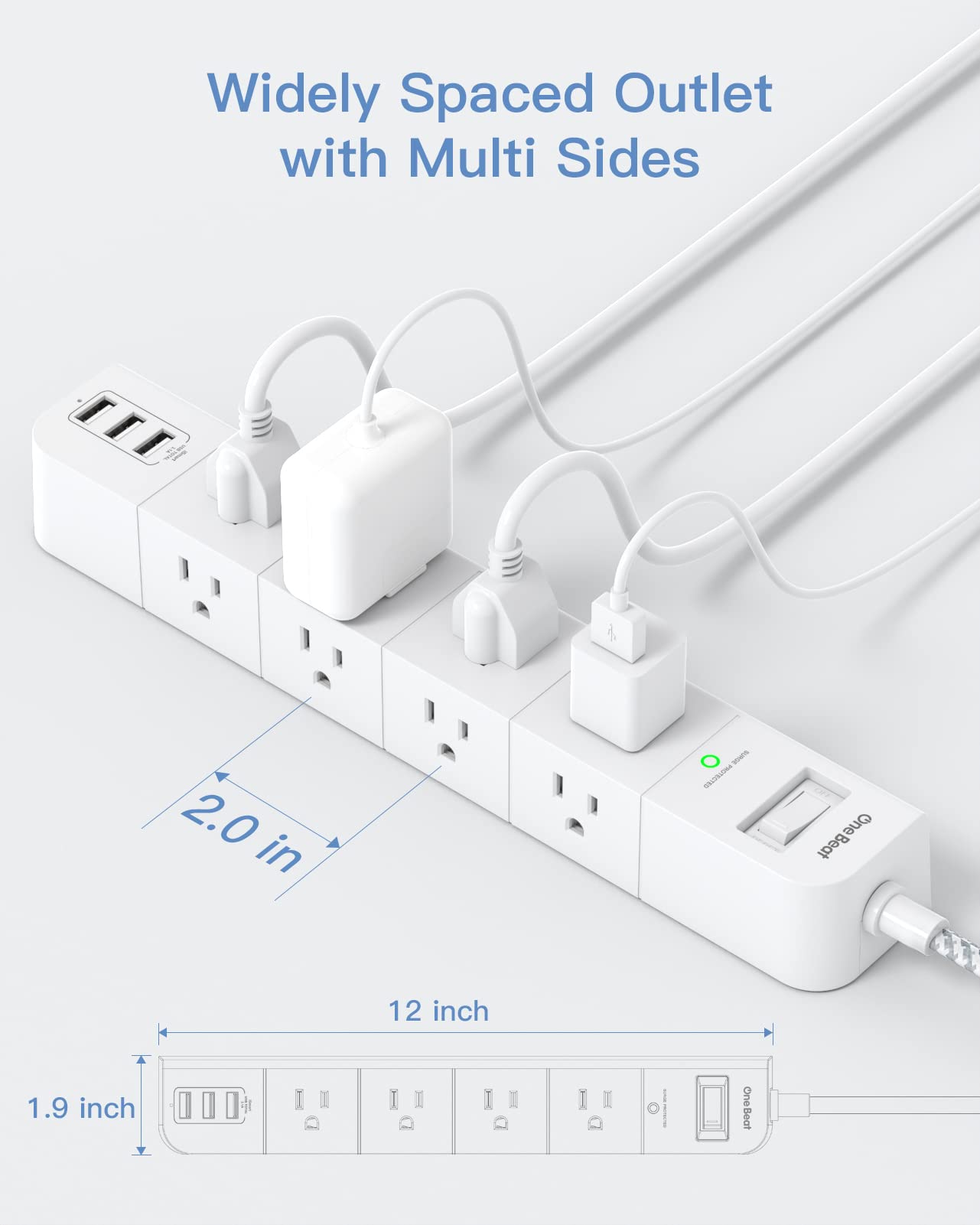 One Beat 10 ft Extension Cord,Power Strip Surge Protector 8 Widely AC Outlets 3 USB,Flat Plug,Desktop Charging Station with Overload Protection,Wall