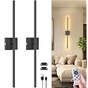 NIORSUN 28 Inch Battery Operated Wall Sconce Set of 2, 360° Rotation Black Rechargeable Wall Lights with Detachable Tube and Remote, 3CCT Dimmable