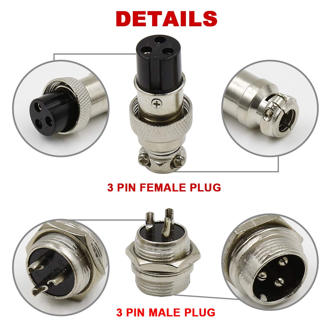 Hxchen 3 Pin Metal Male Female Panel Connector 12mm GX12-3P Silver Aviation Plug - (2 Sets)