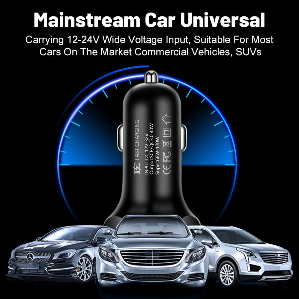 Alanph 66W Multi Port Car Charger Adapter with Voltage Monitor, 4 USB QC3.0 Super Fast Charge Cigarette Lighter USB Charger, Compatible