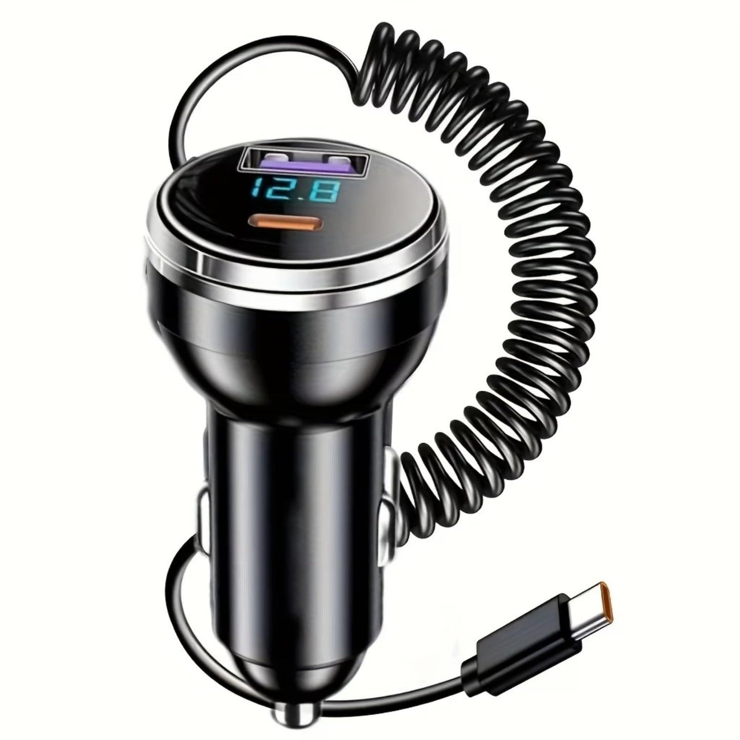 USB Type-C Fast Car Charger, Metal 3-Port Super Fast Charging Car Charger Adapter with PD & QC3.0, Built-in 6ft Type-C Cable, LED Display, Compatible