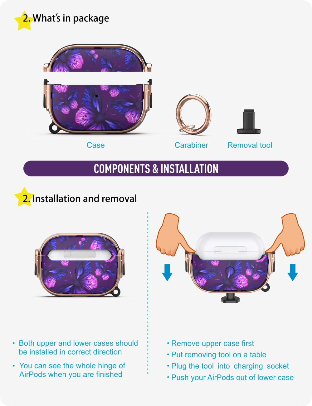 GuarzFun AirPods Pro 2 Case with Lock - Purple Butterfly