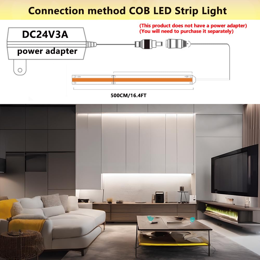 PISIN 24V COB LED Strip Light White 6000K IP20 Uniform Light Emitting 480LEDs/M 16.4FT/5M CRI90 Flexible Can be Cropped LED Light Strip Cabinet Home
