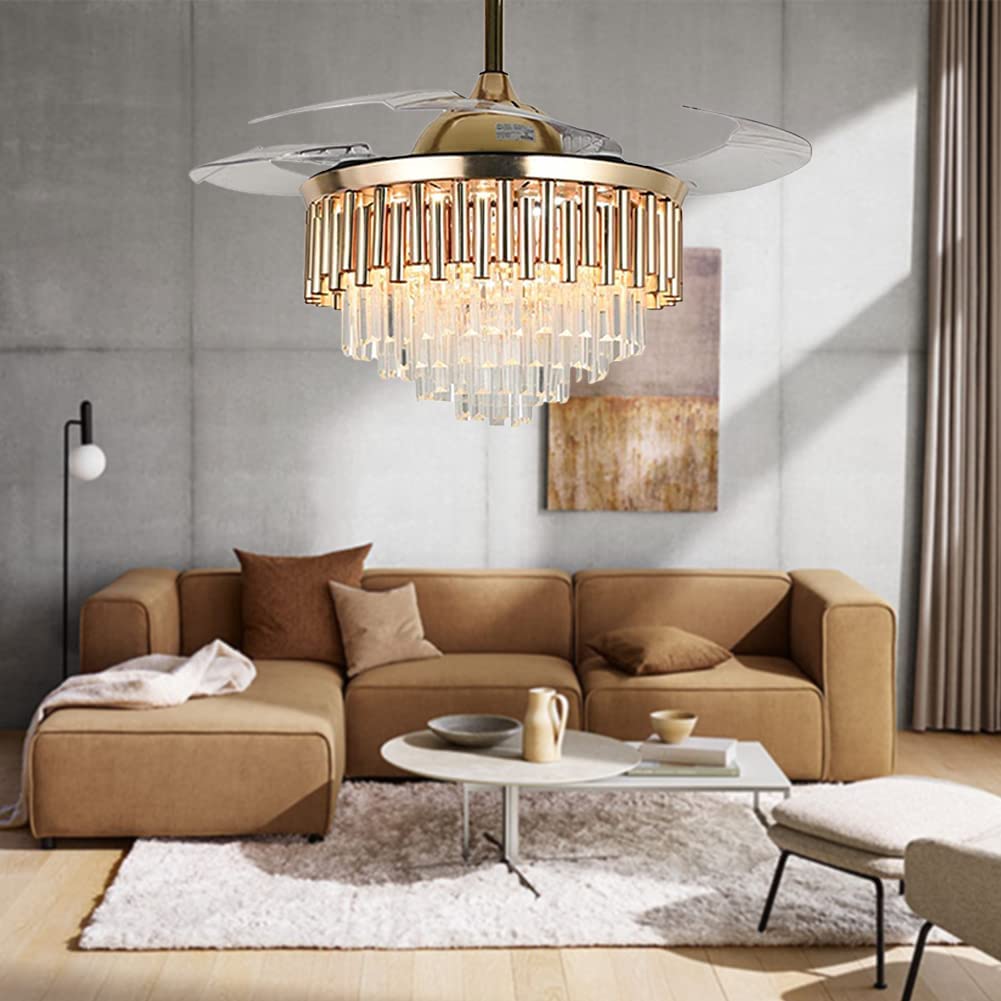 ONELLH Crystal Ceiling Fans Chandelier Indoor with LED Light 3 Colors Gold Fandelier with Retractable Blades 3 Speeds for Living Room Bedroom