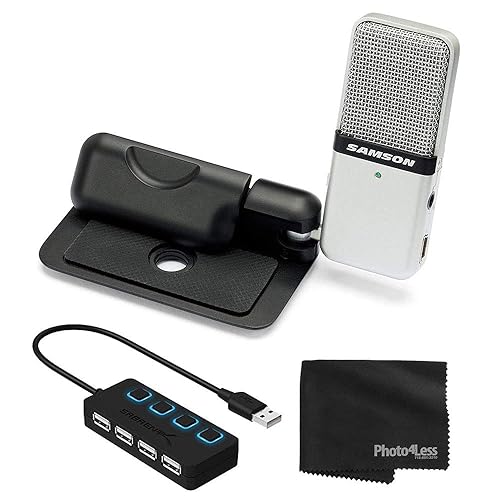 SAMSON Go Mic Portable Clip-on USB Condenser Microphone (Titanium)- USB 2.0 Hub with Individual LED lit Power Switches + Cleaning Cloth - Deluxe