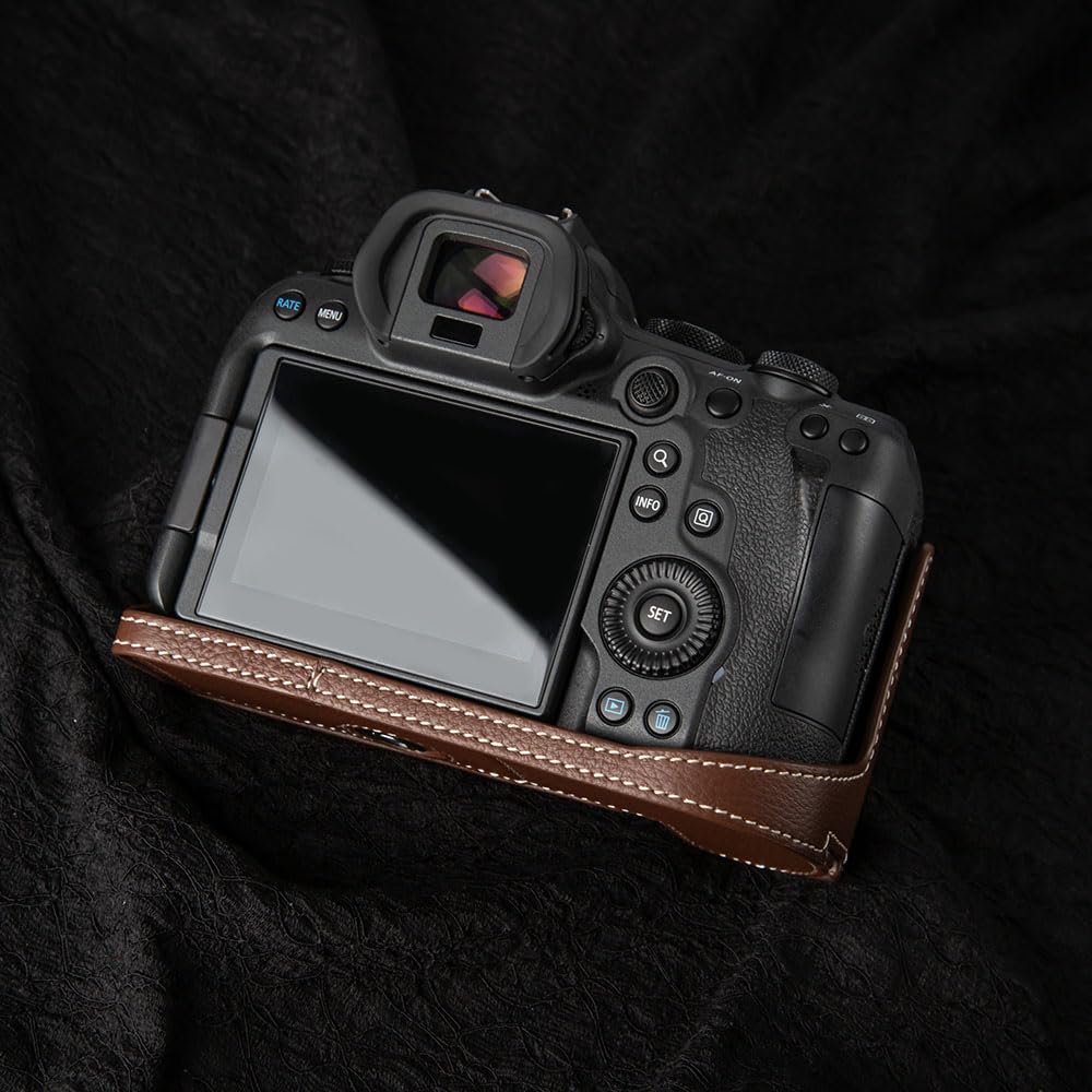 DBZZ R6II Vintage Genuine Leather Camera Case for Canon EOS R6 Mark II Handmade Half-Wrap Camera Protector Cover (Coffee brown)