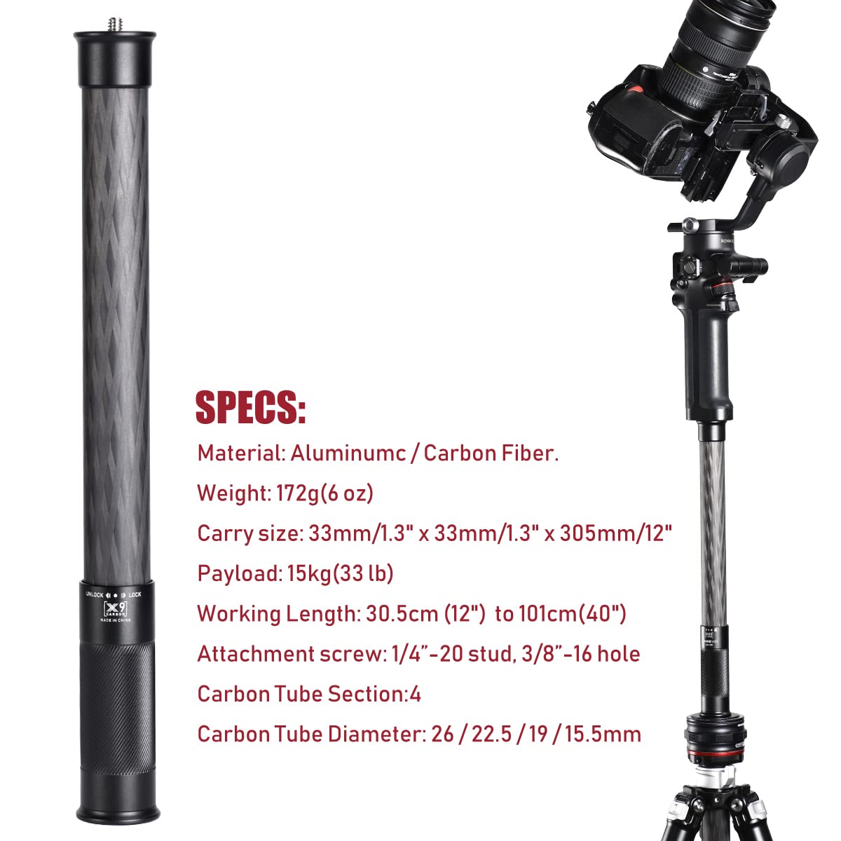 SHINEWEE Carbon Fiber Extension Pole - 4-Section Fast Twisting Lock Design | 1/4" Screw Mount for Camera, Phone, Gimbal & Stabilizer | Lightweight