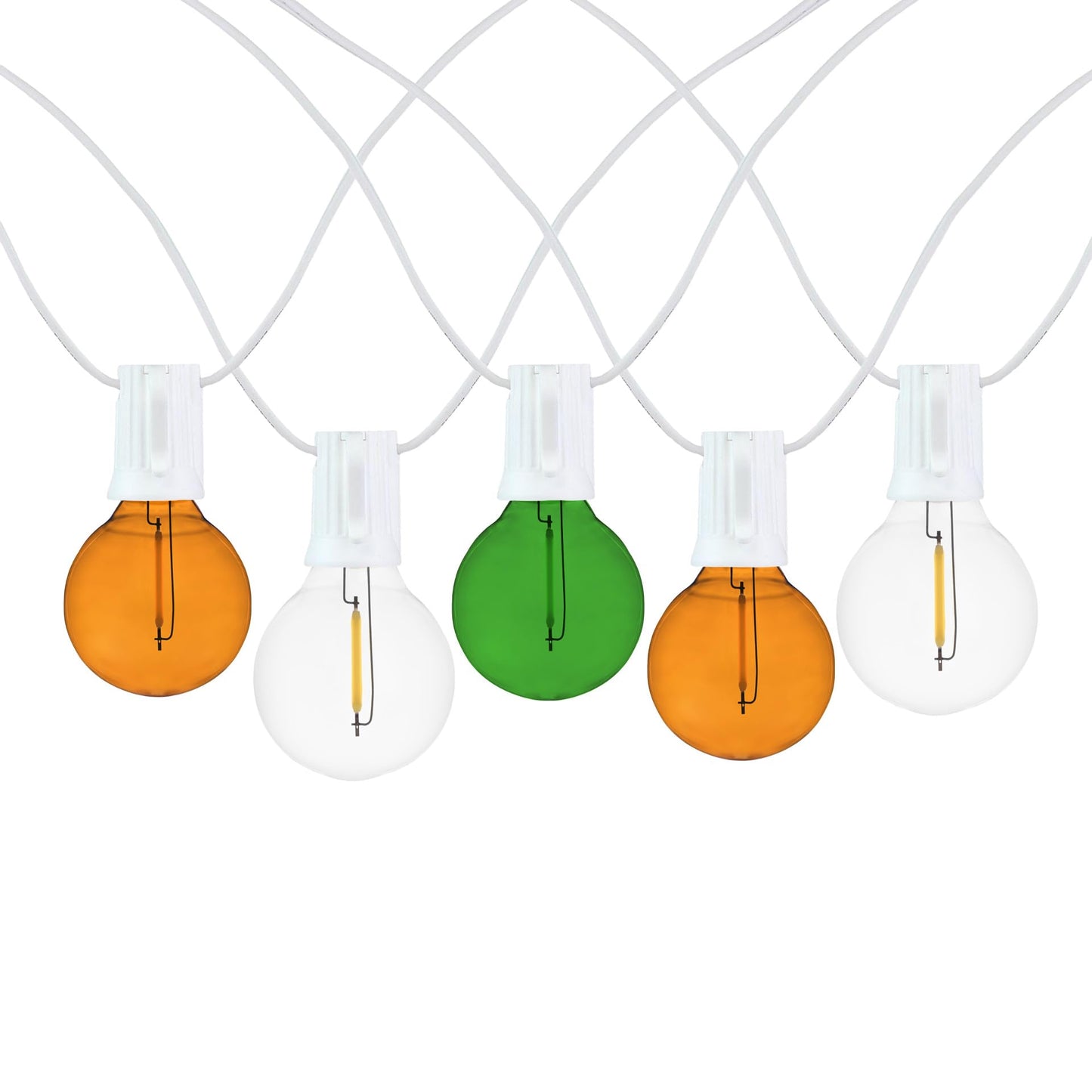 Novelty Lights G40 Filament LED String Light, Translucent Orange/Green/White Bulbs, 25 Globe Lights with 12" Spacing on White Wire, Indoor/Outdoor