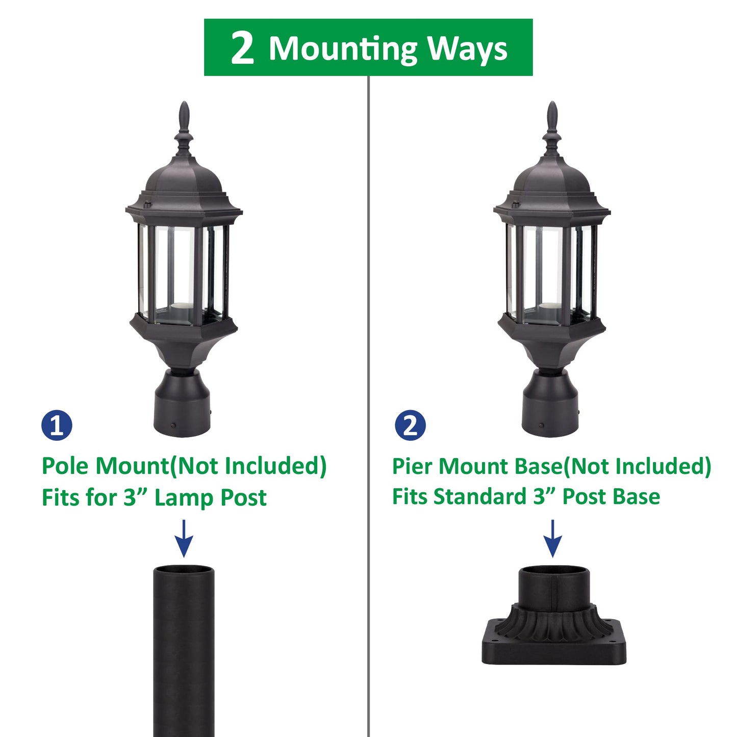 LIT-PaTH Outdoor Post Lighting Fixture Pole Lantern, E26 Medium Base Max 60W, Aluminum Housing Plus Glass, 2-Pack, Black Finish