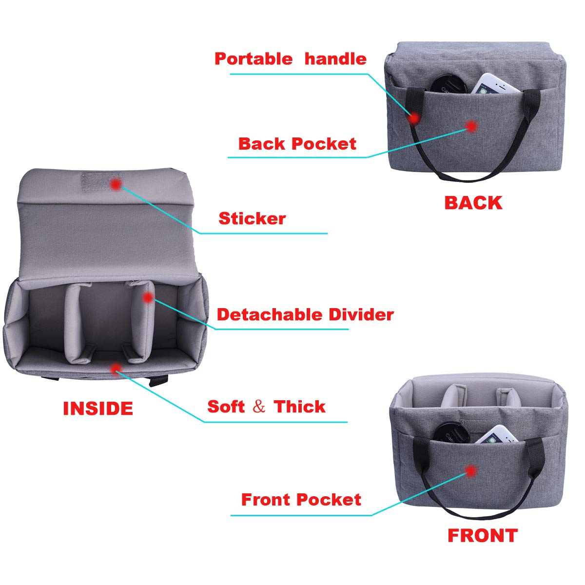 BOMKEE Camera Inserts Protective Bag Padded Insert Camer Cube Water Resistant DSLR SLR Case Foldable Liner for Sony,Canon,Nikon,Olympus Camera Lens