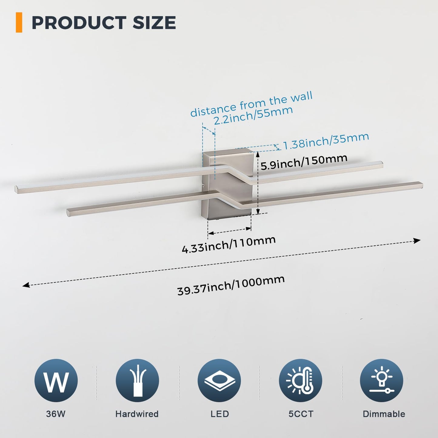 Pasoar 39.4 Inch Vnaity Lighting Led Bathroom Lights Over Mirror Brushed Nickel Dimmable 5CCT 36W Modern Bath Vanity Lights Bar Wall Sconces