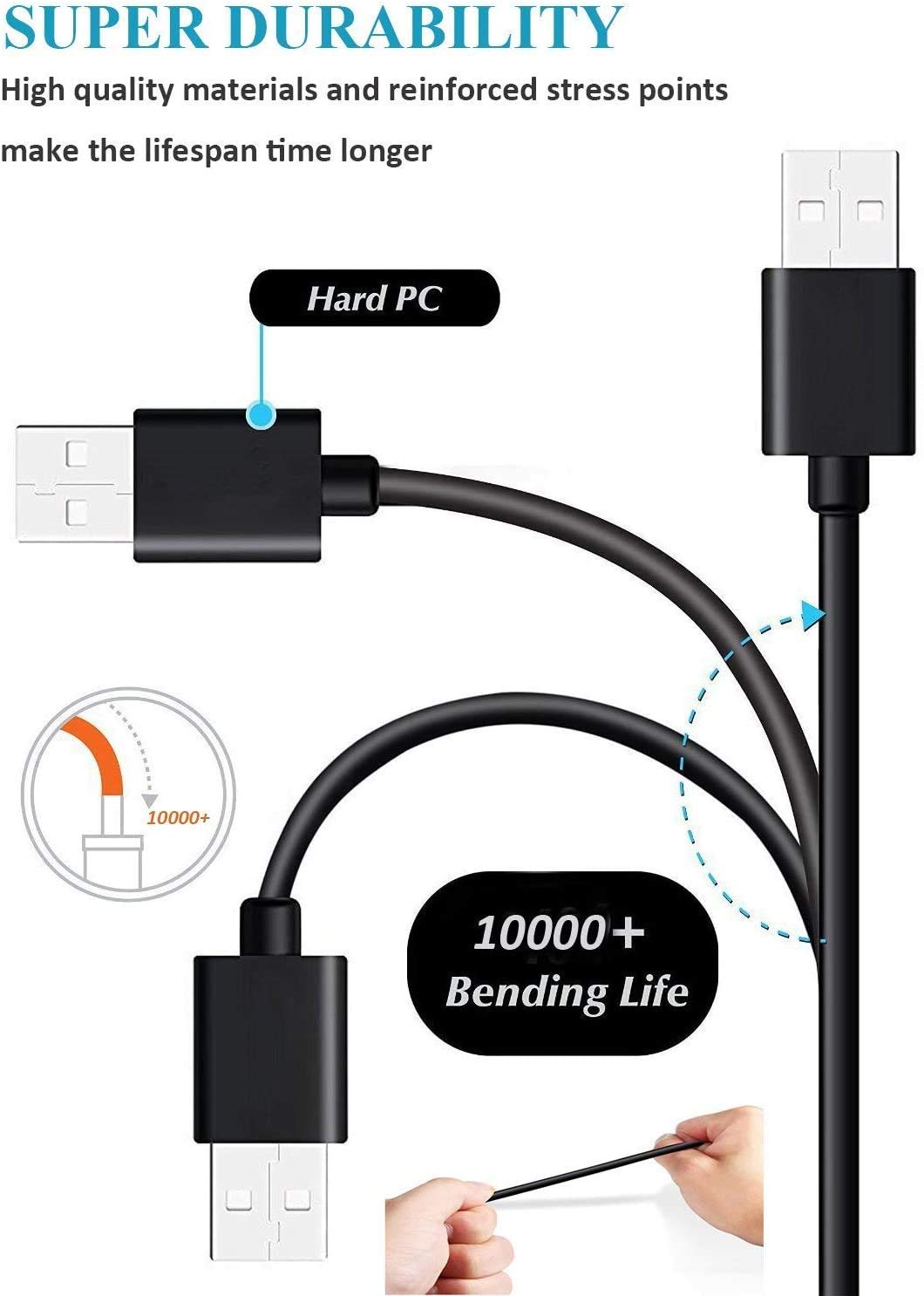 KAHEAUM Long 10FT USB to Micro USB Cable Android Charger Cable,Fast Charge Quick Date Transfer Micro USB Charging Cable Durable USB Cable Cord