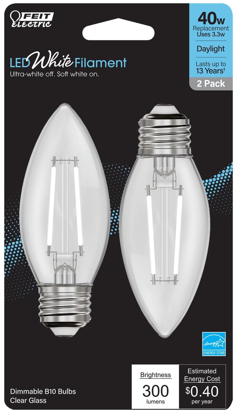 Feit LED Filament B10 E26 (Medium) Filament LED Bulb Daylight 40 Watt Equivalence 2 pk