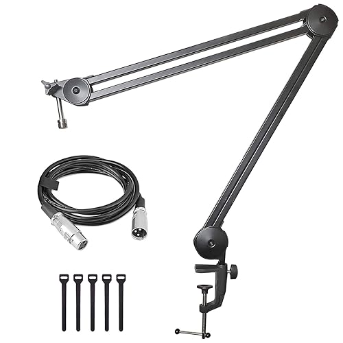 AxcessAbles Large Heavy Duty Desk Mounted Microphone Boom Stand with 3.3ft Extension and 6ft XLR Cable | 5LB Capacity | Podcast Boom for Large
