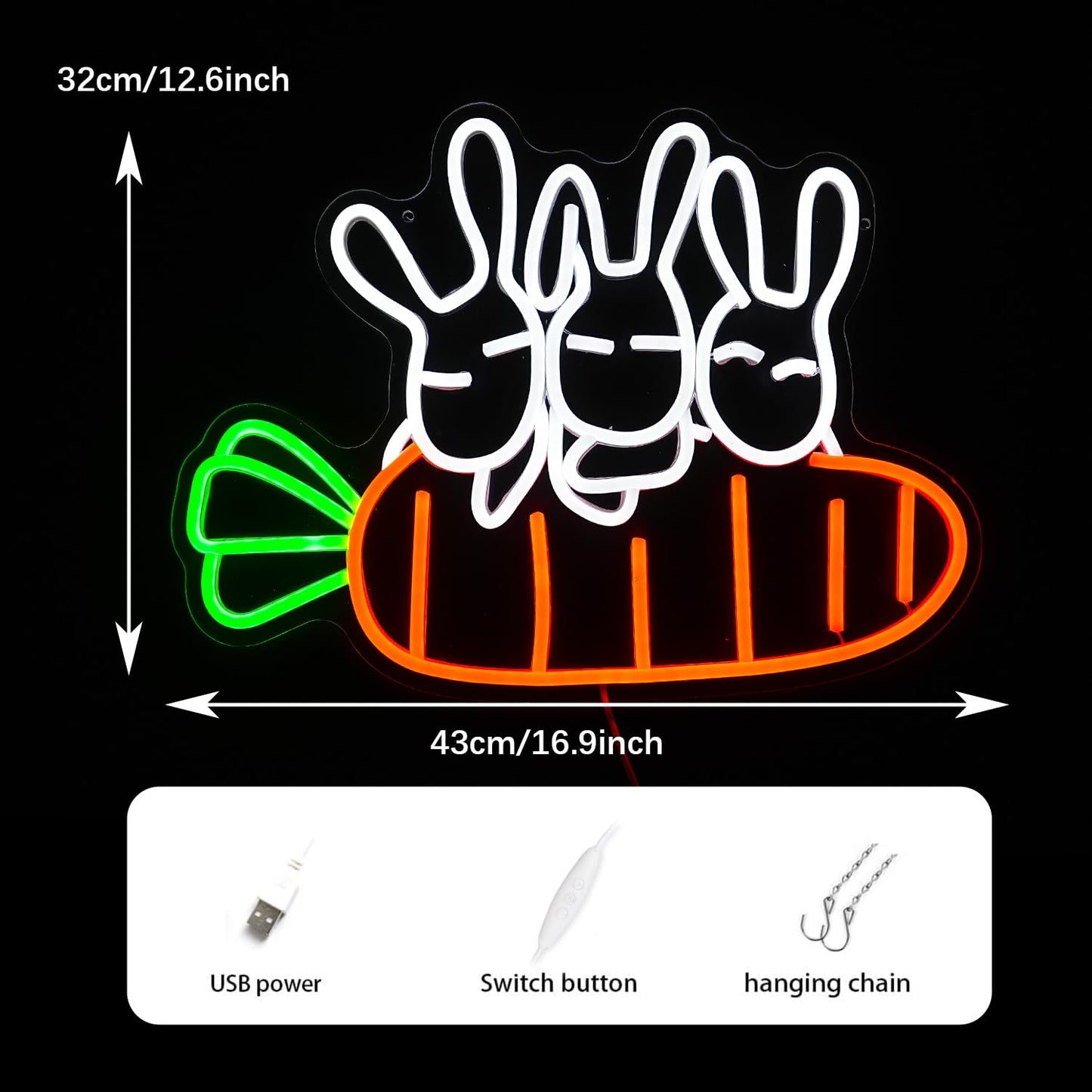 Rabbit Carrots Neon Sign Led Easter Neon Light For Wall Decor Light Up Carrots Sign USB Powered Rabbit Neon Light Signs For Art Restaurant Easter