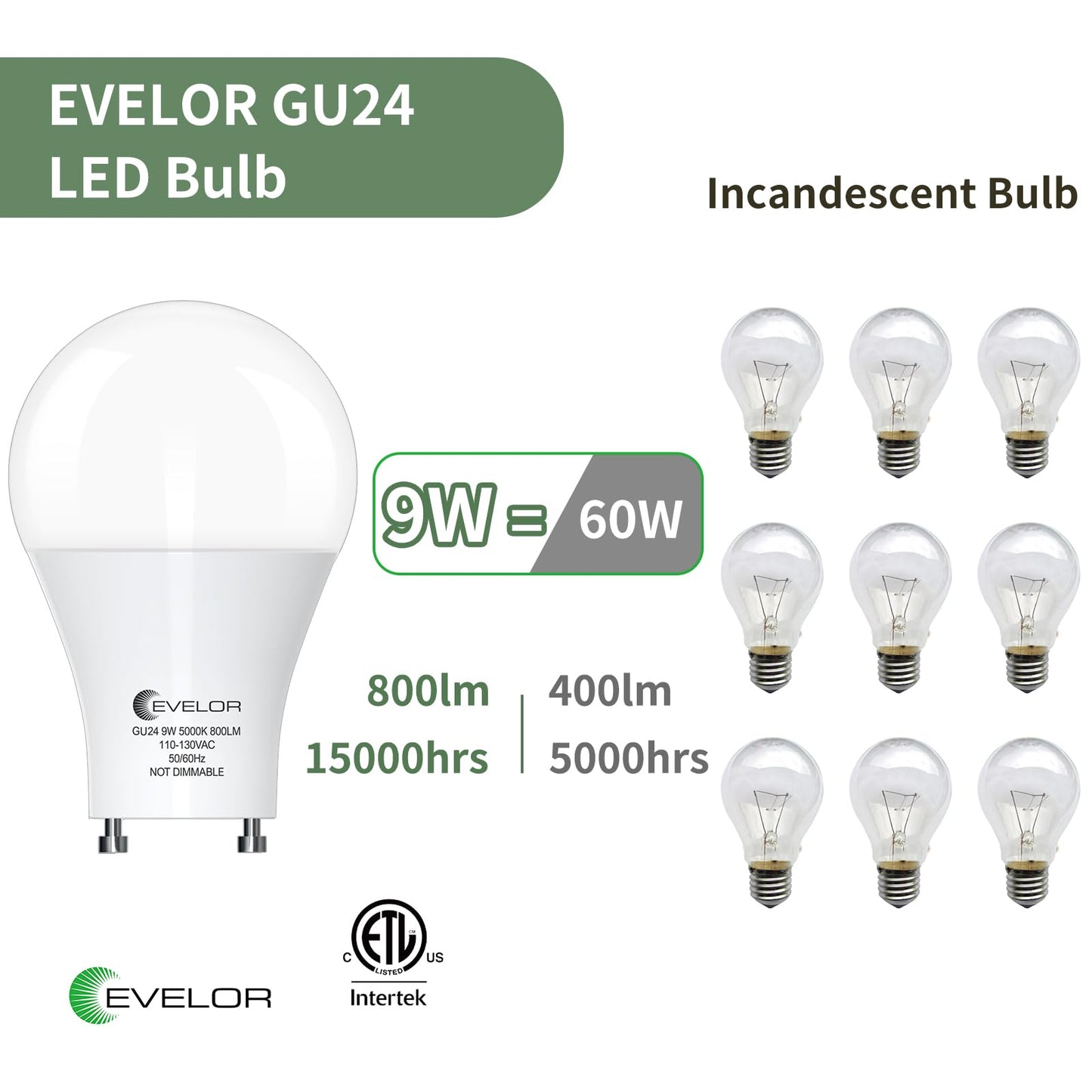 evelor GU24 LED Light Bulbs,60 Watt Equivalent,Daylight White 5000K,4 Packs