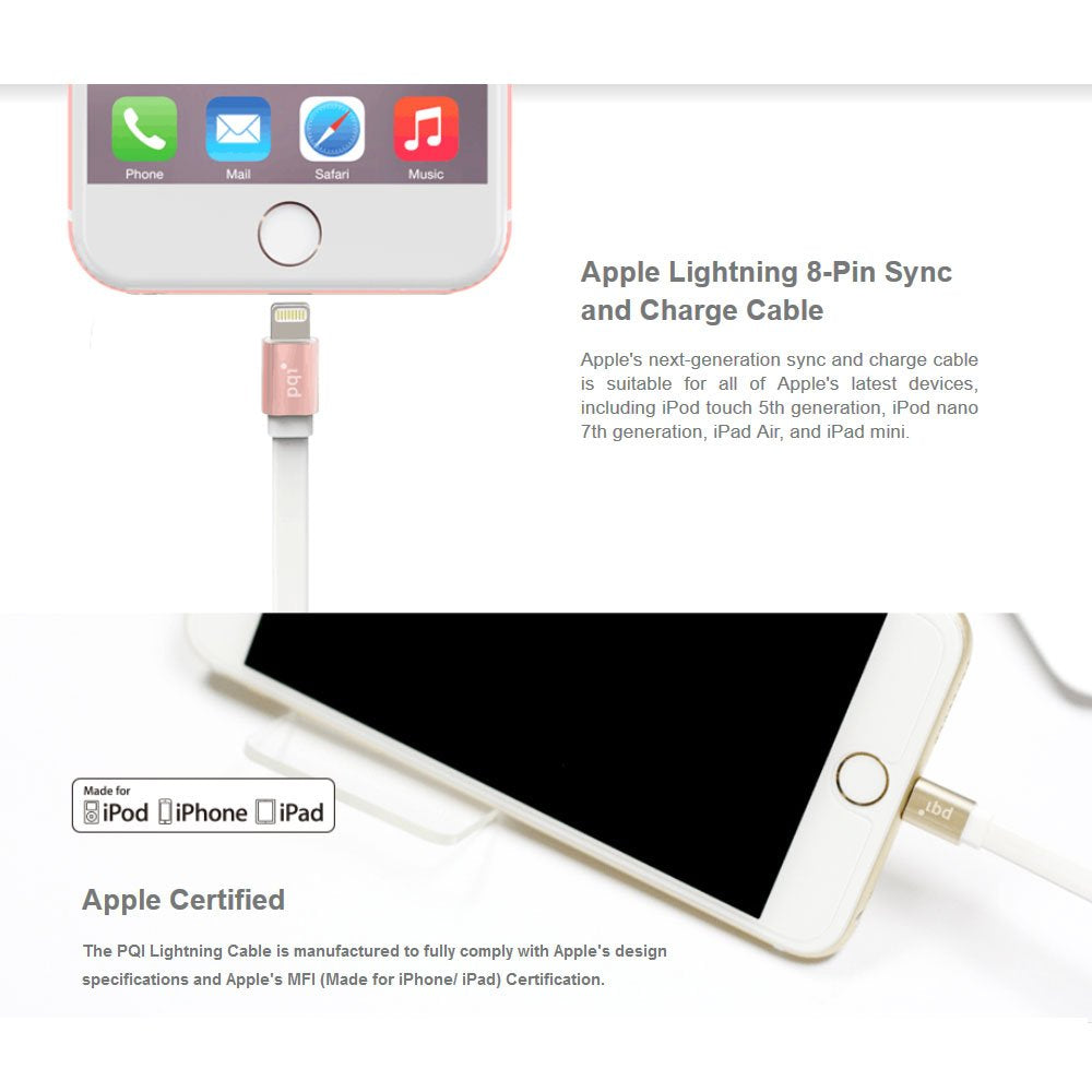 PQI Apple Certified Metallic Lightning to Reversible USB Flat Cable - 3 Feet (100 cm) - Gold