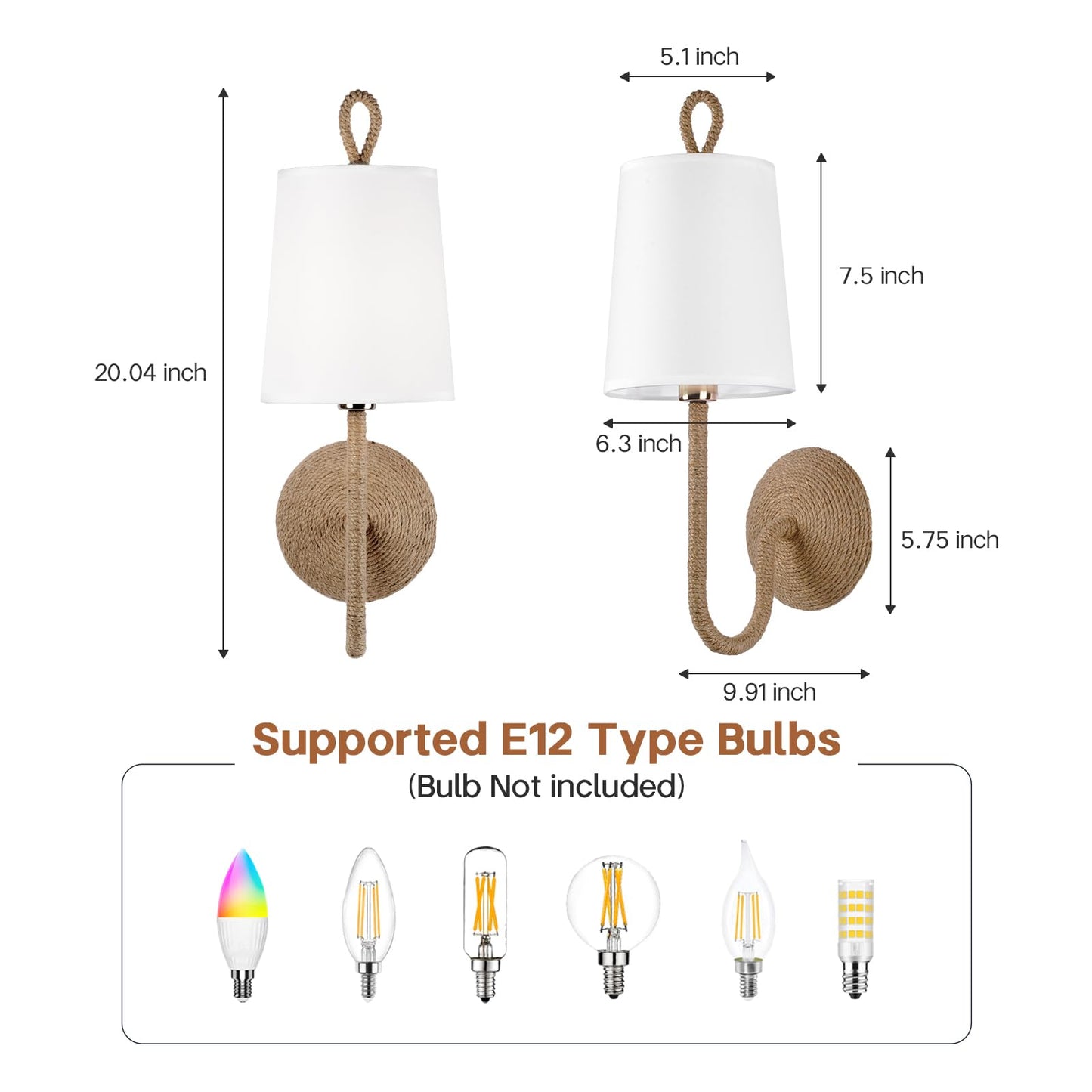 HILUXIA Natural Rattan Wall Sconce Set of 2: Boho Coastal Rope Woven Lamps with Linen Fabric Shades for Living Room, Bedroom, Bedside, Vanity