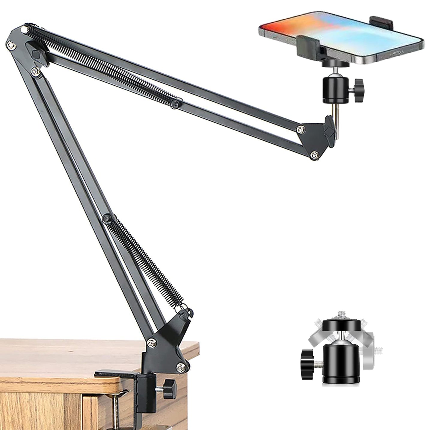 YIYANT Overhead Tripod Mount for Camera Webcam Ring Light, Over Head Articulating Arm with Phone Holder and Ball Head, Desktop Suspension Scissor