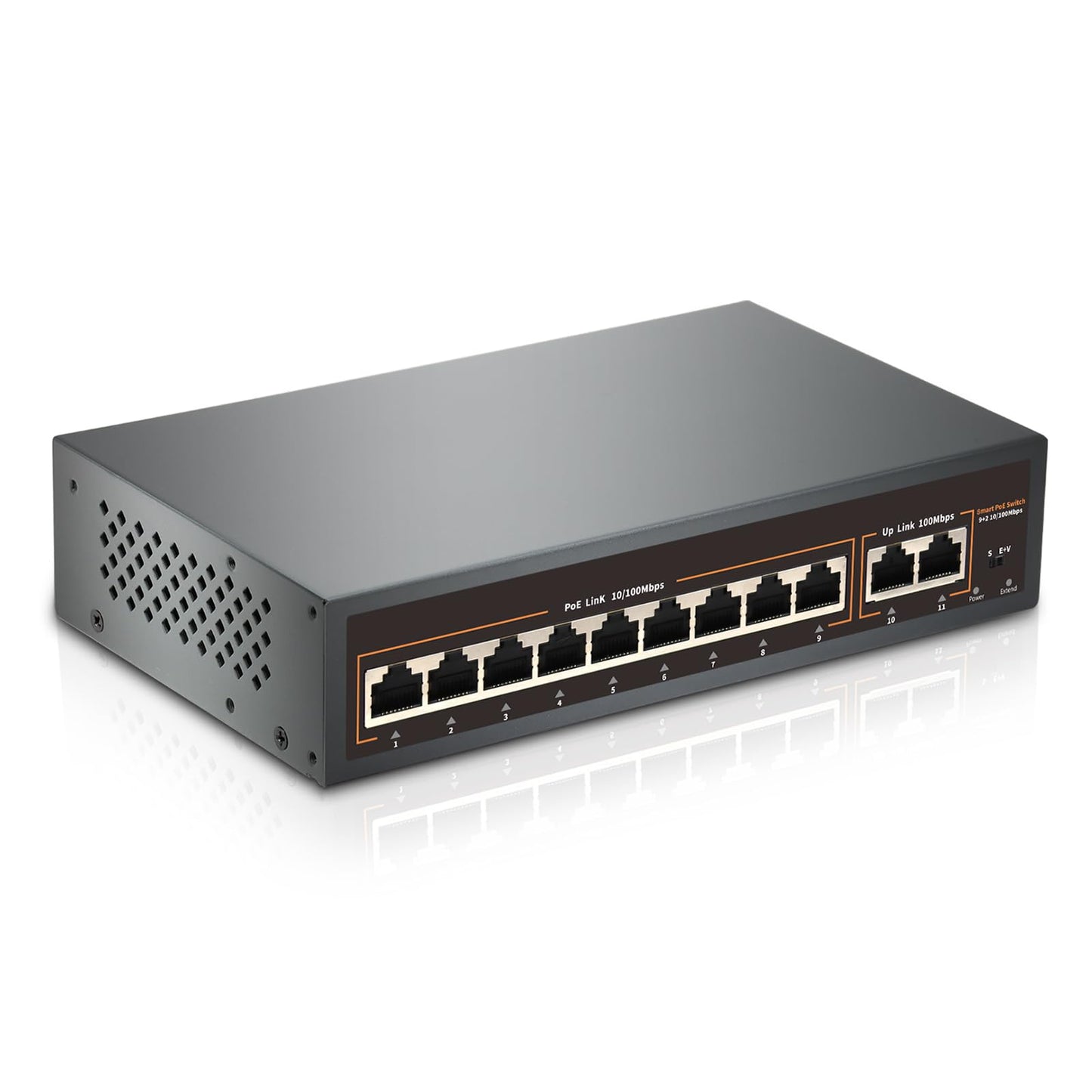 9 Port PoE Switch with 2 Uplink, 9 PoE+ Port 100Mbps, 120W 802.3af/at, Metal Desktop Wall Mountable,VLAN Function,250 Meters Extend,Metal Fanless Plug