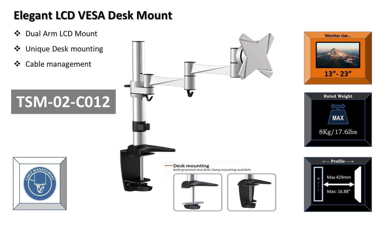 OSD Audio TSM-02-C012 Single Arm Extended Desk Mount for 13-inch to 23-inch Monitor