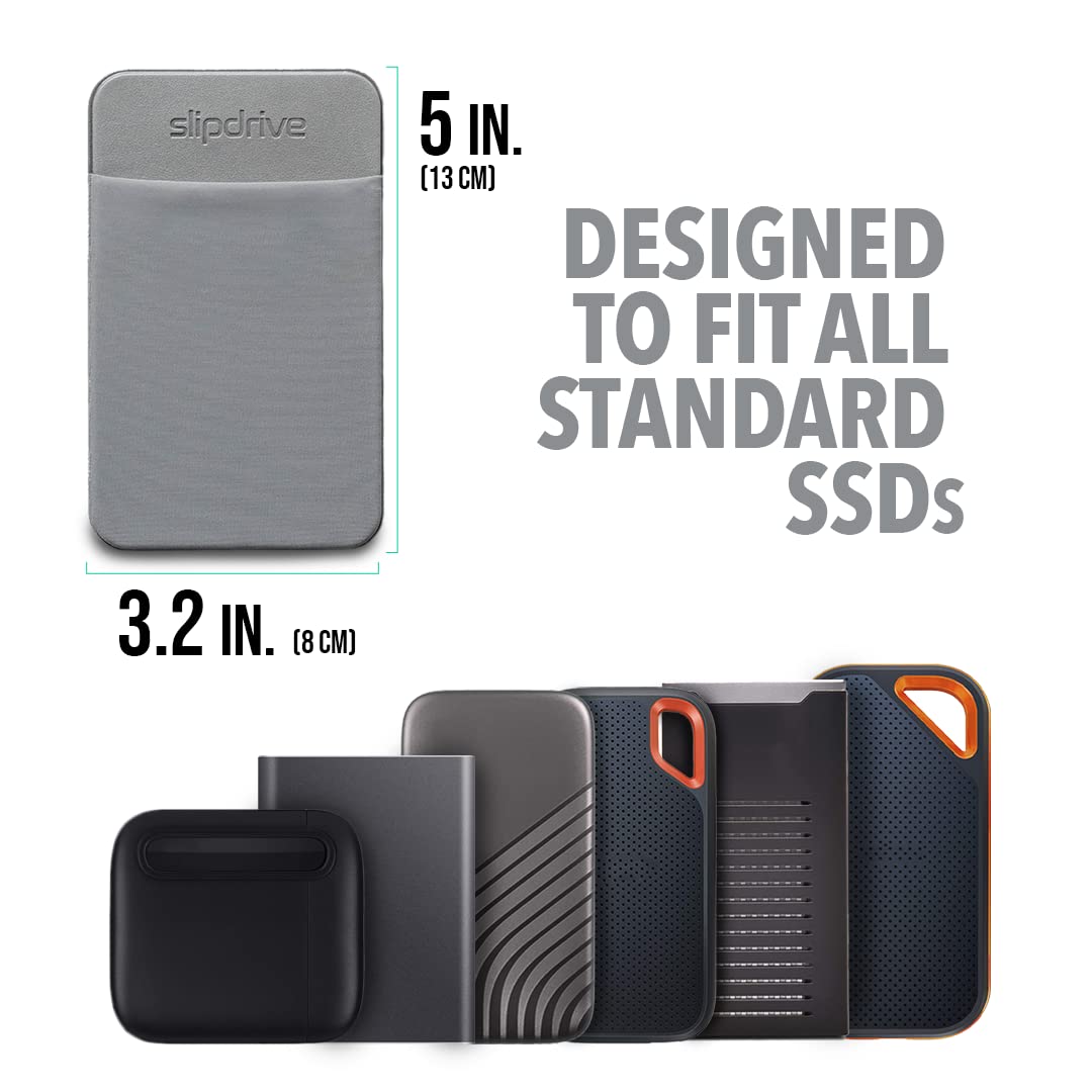 Slipdrive - Portable Hard Drive Sleeve for Laptop - SSD Solid State Drive - Reusable Adhesive - 5” x 3.2” Stick on External Hard Drive Carrying Case