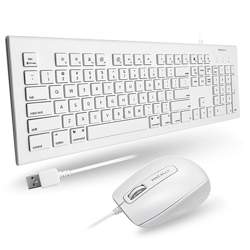 Macally 104 Key USB Wired Keyboard and Mouse Combo with Apple Shortcut Keys for Mac, iMac, Macbook, and Windows PC (MKEYECOMBO), White