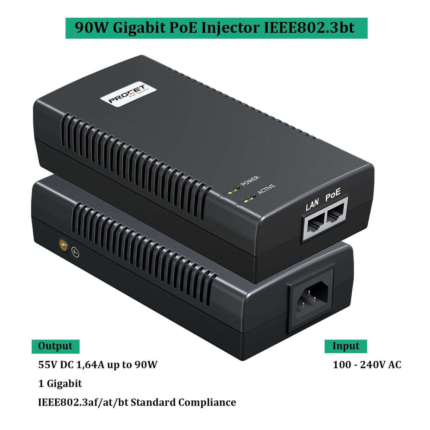 PROCET Gigabit PoE Injector 90W IEEE802.BT PoE Power Injector with 6KV Surge Protection for HD PTZ AI Camera, CCTV/IP Camera, UniFi U6 Enterprise
