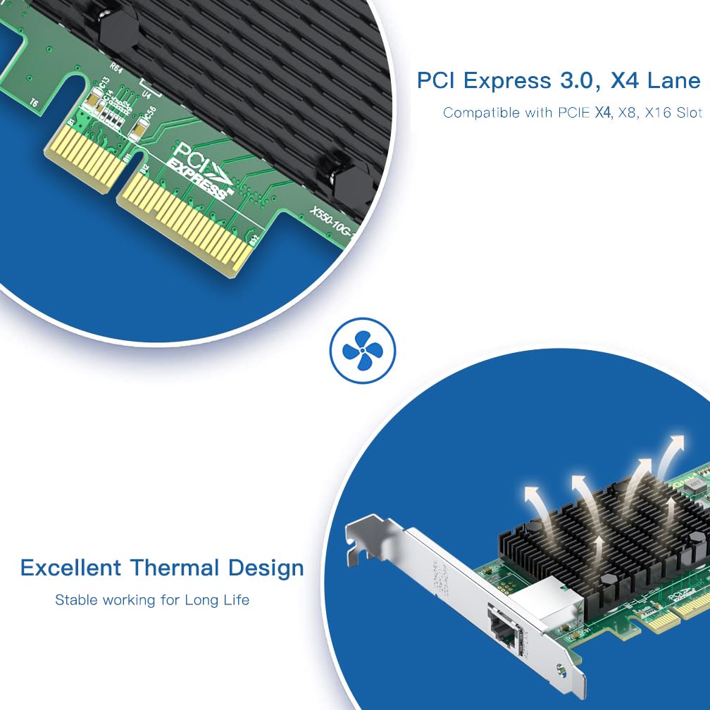H!Fiber 10Gb RJ45 PCI-E Network Card NIC, Compare to Intel X550-T1, with Intel X550-AT Chip, Single RJ45 Port, PCI Express 3.0 X4, Ethernet Converged