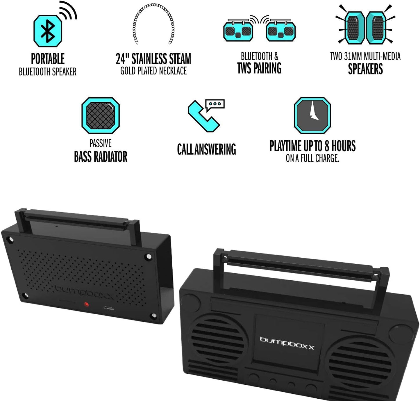 Bumpboxx MicroBoom Wearable Necklace Bluetooth Speaker Boombox | Bluetooth Portable Speaker | Includes 24” Chain & Rechargeable LI-ION Battery | Add