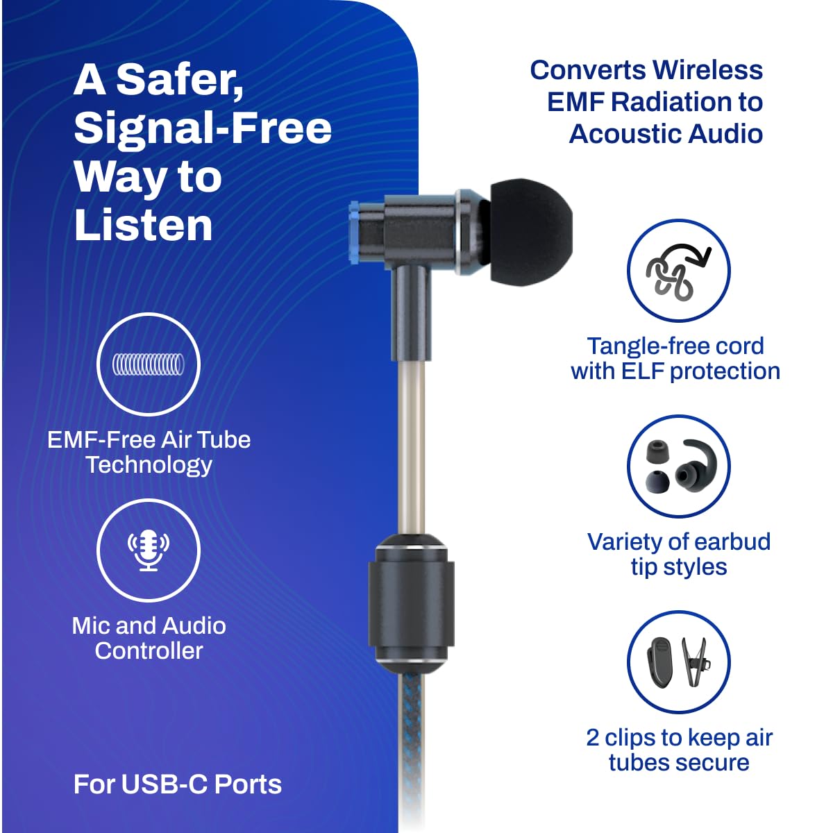 DefenderShield Air Tube Stereo Earbuds USB-C with Memory Foam Ear Tips - Universal Acoustic Wired Headphones with Mic & Volume Control