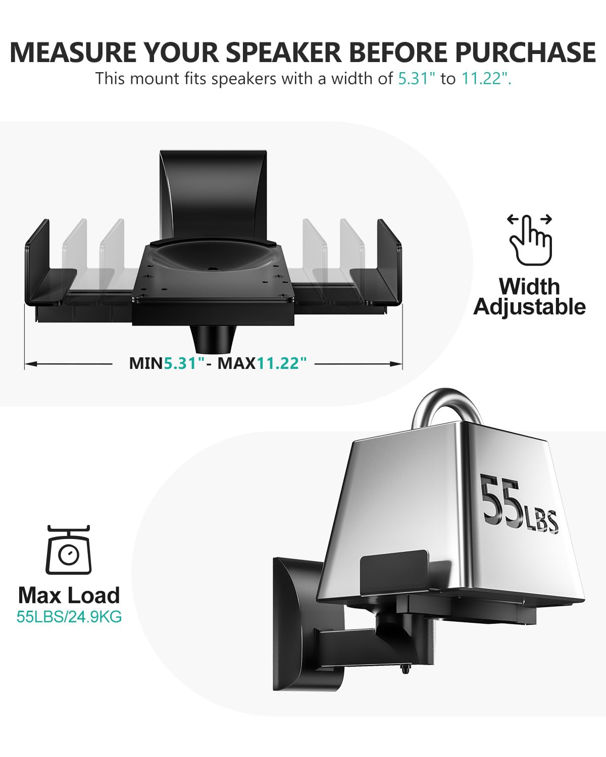 WALI Speaker Wall Mount, Surround Sound Speaker Stand with Adjustable Swivel Tilt Angle, Standard Bookshelf Speaker Mount for Living Room, Home