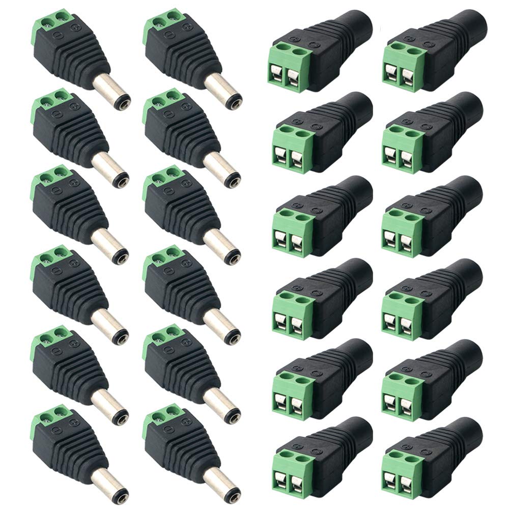 FULARR 24Pcs Professional 5.5 X 2.1mm DC Screw Terminal Plug Connector, Barrel 12V DC Power Jack Connector Adapter, 12 Pairs 2 Pin Male Plug & Female