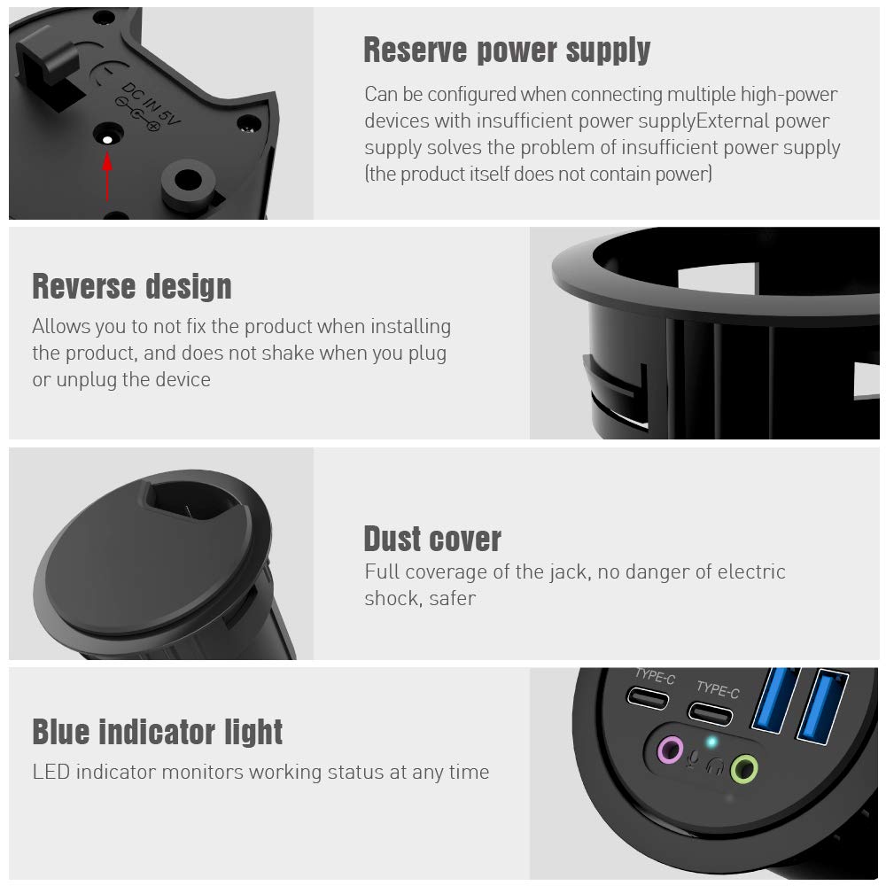 ineo Grommet Desk-Fit (Diameter 2.3" to 2.4") 2Type A + 2Type C with 3.5mm Audio Mic Jack + 3.2" Expandable case (Power is not Included)[THC06 - VI