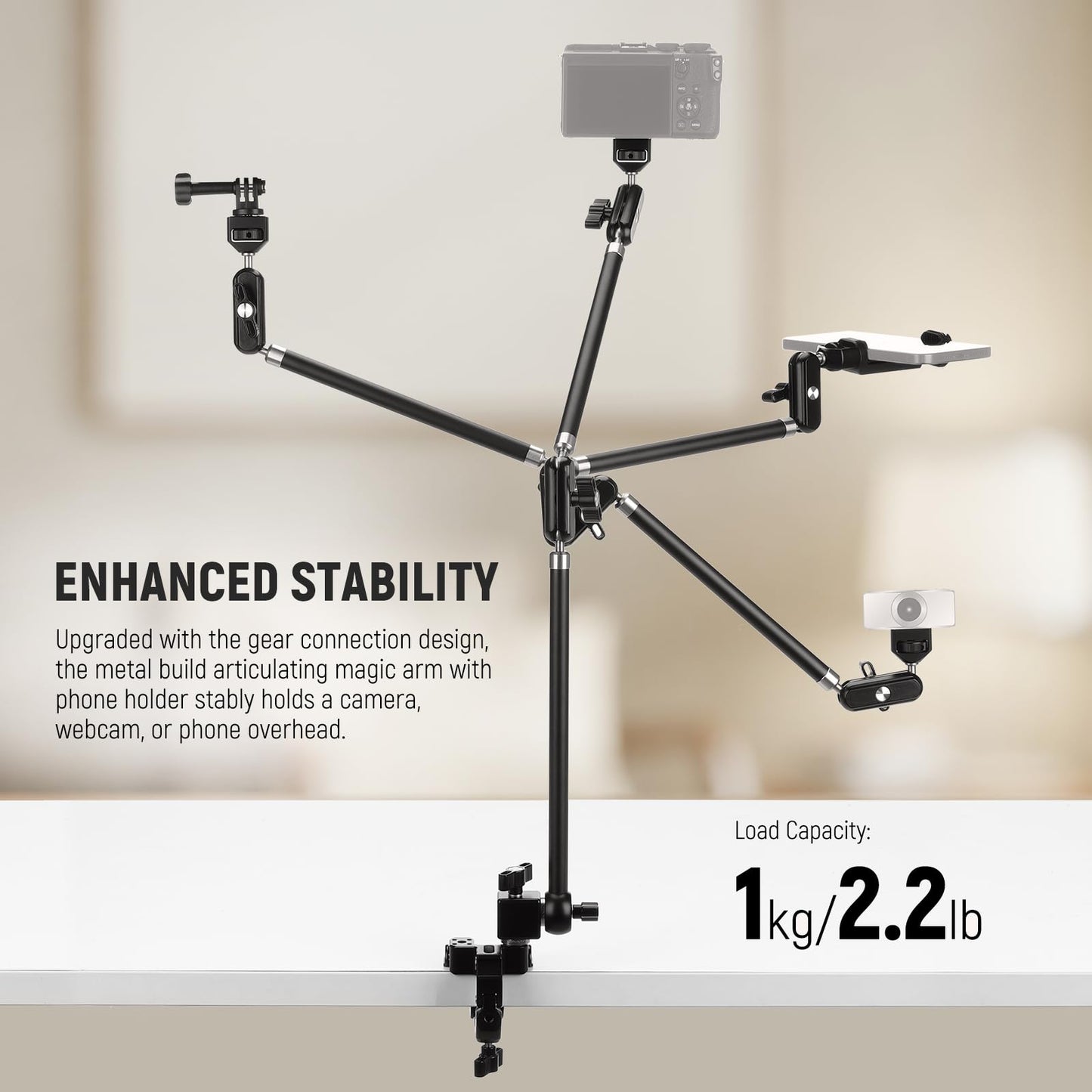 NEEWER 30" Articulating Magic Arm with Super Clamp/Action Cam Mount/Phone Holder, Overhead Camera Desk Mount Mic Boom Stand, Compatible with GoPro