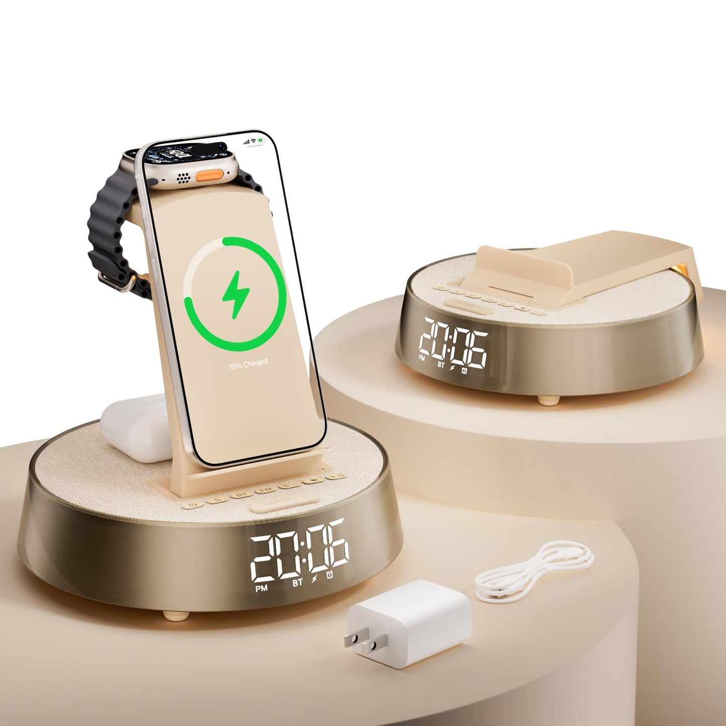 6 in 1 Wireless Charging Station with Alarm Clock, Bluetooth Speaker, FM Radio, Night Light for Bedroom Office, Wireless Charger Dock Station