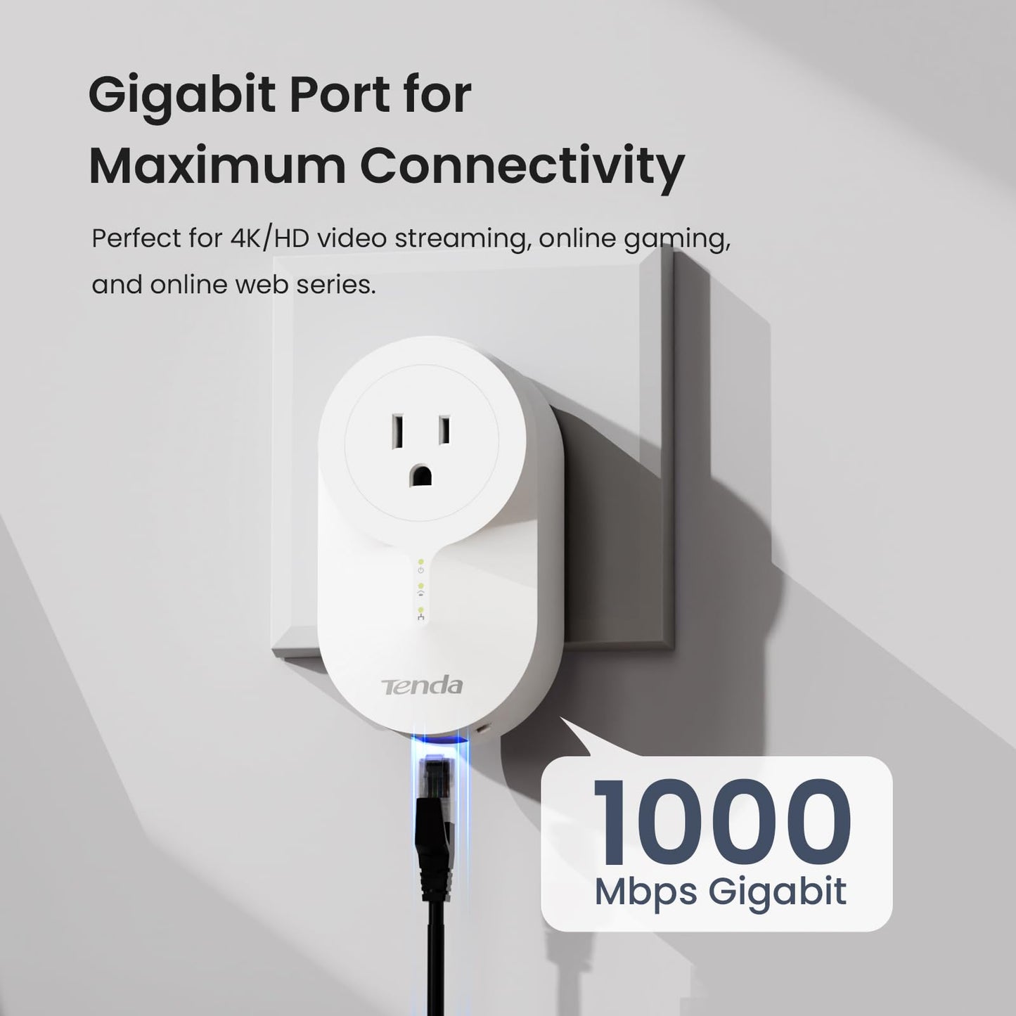 Tenda AV1000 Powerline Etherne Adapter Kit with Gigabit Ports, Ethernet Over Power, Plug&Play, Power Saving, Power Outlet Passthrough, Ideal