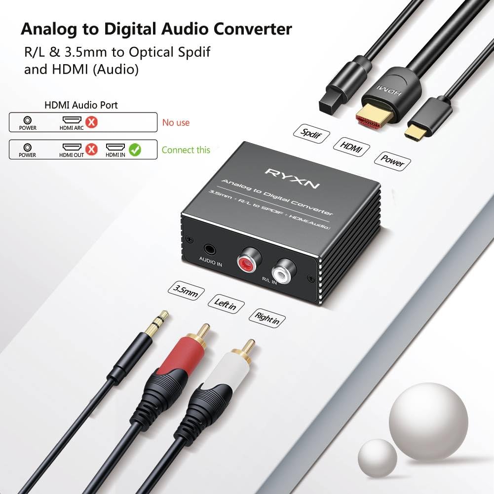 Analog to Digital Audio Converter, RCA R/L and 3.5mm Audio to Optical Spdif Toslink and HDMI Audio Out (Not HDMI ARC), for Home KTV TV DVD PC Soundbar