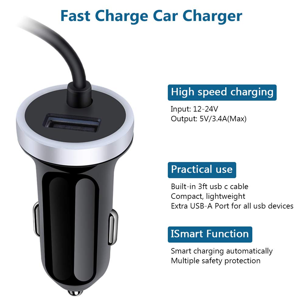 USB C Car Charger, 3.4A Fast Charging Car Adapter+3ft Type C Cable for Samsung Galaxy S26 S25 S24 S23 S22 S21 S20 S10 Note 20 A10E A20 A50 A51 A71,LG